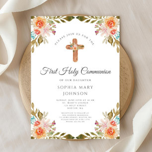 Elegantes florales religiöses Kreuz Erste Kommunio Einladung