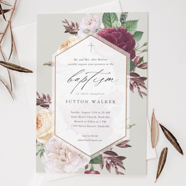 Elegantes florales religiöses Taufen & Christening Einladung (Modern floral script baptism invitation with hand painted botanical foliage and minimal cross.)