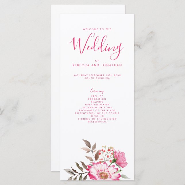 Elegantes florales Rosa-Minimal-Hochzeitsprogramm (Vorne/Hinten)