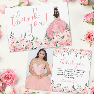Elegantes Florales Rosa Quinceañera Foto Dankeskarte