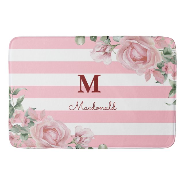 Elegantes florales Rosen gestreiftes Monogramm Badematte (Vorderseite)