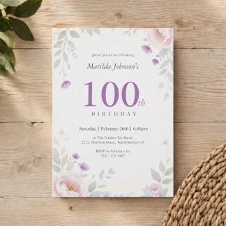 Elegantes Florales Salbei Lila 100. Geburtstag Einladung