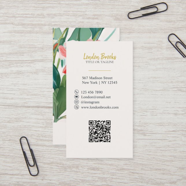 Elegantes, florales Script Gold | QR-Code für sozi Visitenkarte (Vorderseite/Rückseite Beispiel)