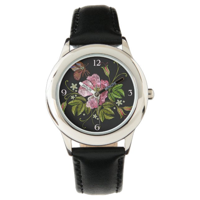 Elegantes florales Stickereimuster auf schwarzem H Armbanduhr (Vorderseite)