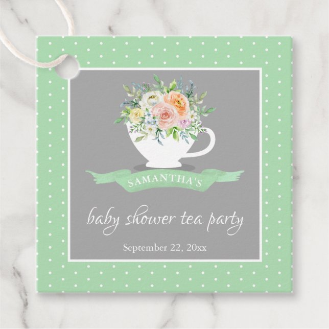 Elegantes florales Teacup Baby Dusche Tee Party Geschenkanhänger (Vorderseite)