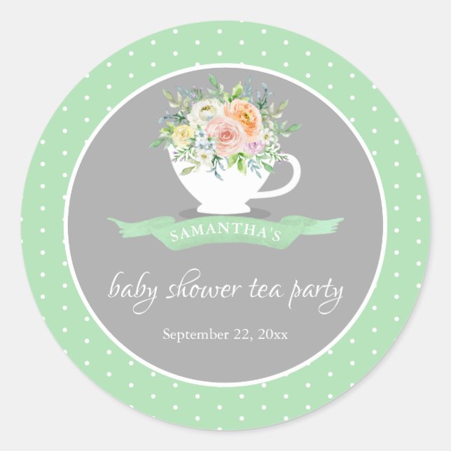 Elegantes florales Teacup Baby Dusche Tee Party Runder Aufkleber (Vorderseite)