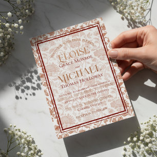 Elegantes florales Toile-Script-Monogramm rotes Ho Folieneinladung