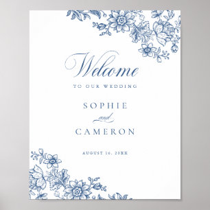 Elegantes florales Vintage-Blaues Hochzeitswillkom Poster