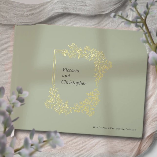 Elegantes florales Wappen Klassische botanische Ho Gästebuch (Elegant Romantic Wedding Guest Book with Gold Foil)