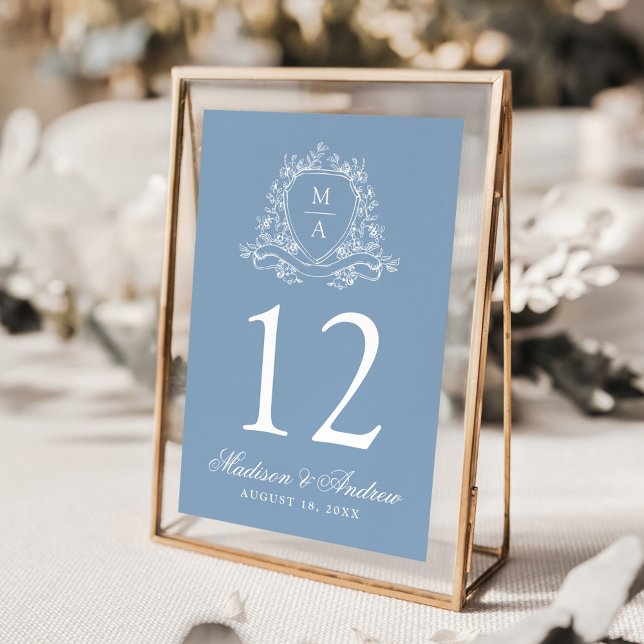 Elegantes florales Wappen Monogram Blue Wedding Tischnummer (Von Creator hochgeladen)