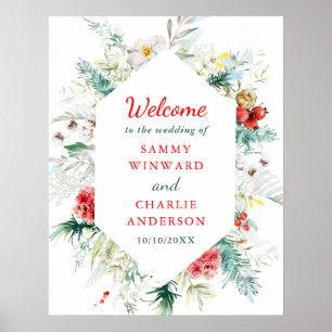 Elegantes florales Winterhochzeits-Willkommensschi Poster
