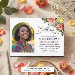 Elegantes Florales zum 28. Geburtstag mit Foto Einladung