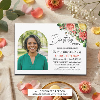 Elegantes Florales zum 67. Geburtstag mit Foto  Einladung