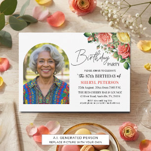 Elegantes Florales zum 87. Geburtstag mit Foto Einladung