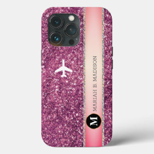 Elegantes Flugzeug Rosa Silver Glitzer Monogramm Case-Mate iPhone Hülle