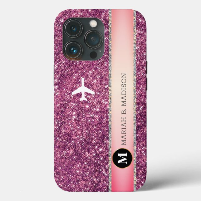 Elegantes Flugzeug Rosa Silver Glitzer Monogramm Case-Mate iPhone Hülle (Rückseite)