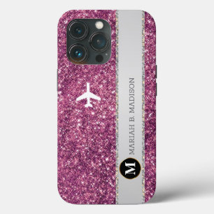Elegantes Flugzeug Rosa Silver Glitzer Monogramm Case-Mate iPhone Hülle