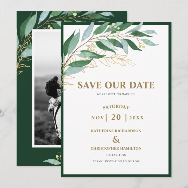 Elegantes Foliage Forest Green Foto Hochzeit Save The Date (Vorne/Hinten)