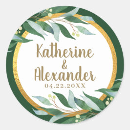 Elegantes Foliage Gold Leaf Green Wedding Monogram Runder Aufkleber
