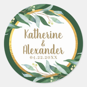 Elegantes Foliage Gold Leaf Green Wedding Monogram Runder Aufkleber