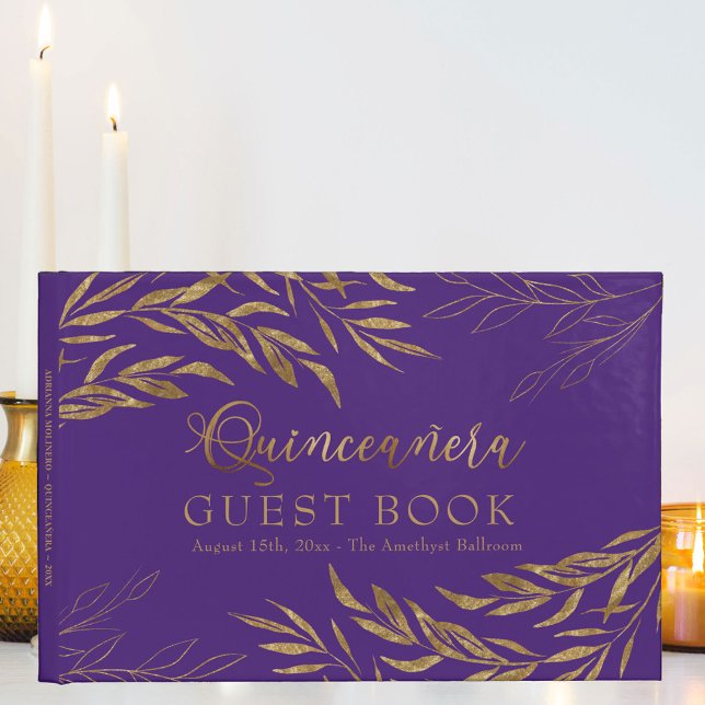 Elegantes Foliage Lila und Gold Quinceanera Gästebuch (Quinceanera guest book signature book, in purple, from my Gold Leaf Collection
)