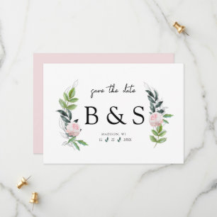 Elegantes Foliage Pink Floral Monogramm Save The Date