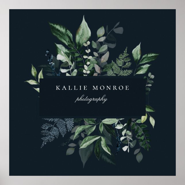 Elegantes Forest Foliage Frame Dunkles blaues Gesc Poster (Vorne)