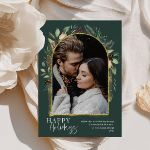 Elegantes Forest Green Gold Arch Snow Overlay Foto Feiertagskarte