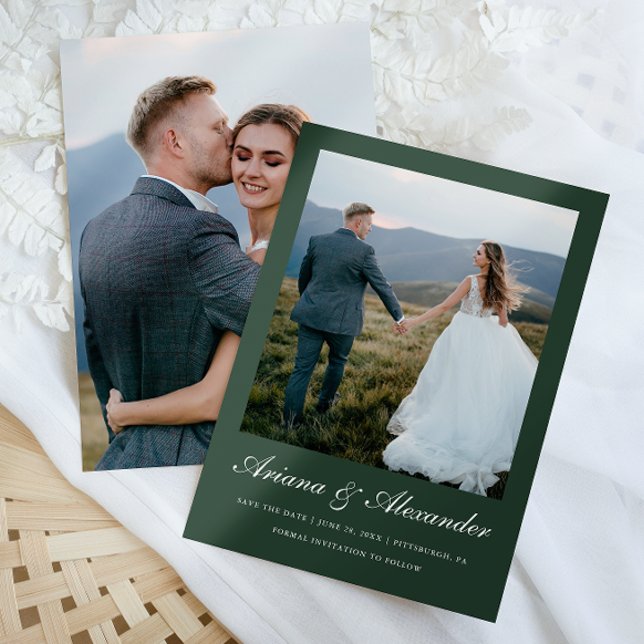 Elegantes Forest Green Script Zwei-Foto-Hochzeit Save The Date (Von Creator hochgeladen)