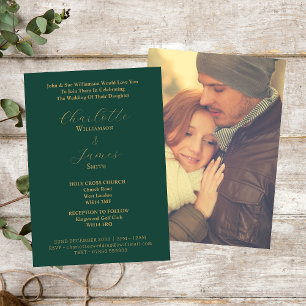 Elegantes Forest Green und Gold Script Foto Hochze Einladung