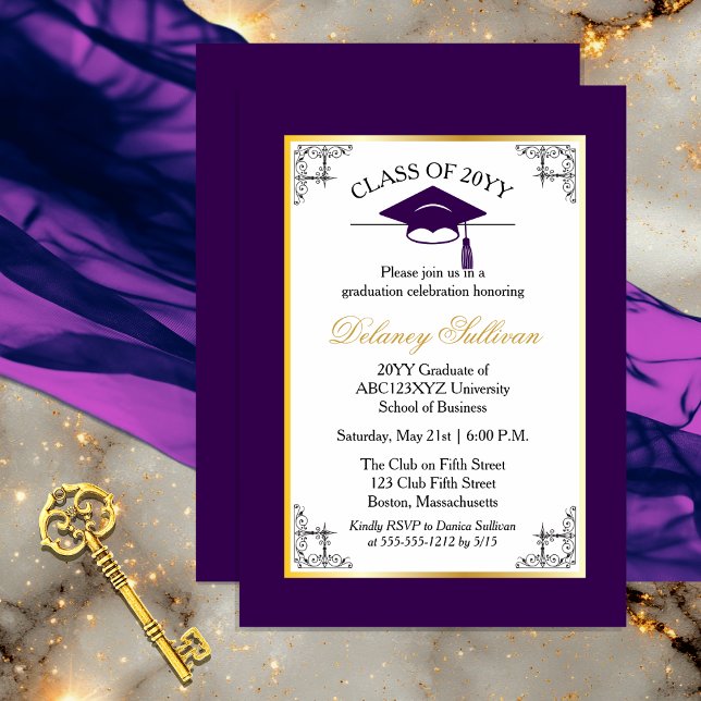 Elegantes formales Party für Lila Uni-Abschluß Einladung (Elegant Formal Gold Tone and Dark Purple College | University Graduation Party Invitation )