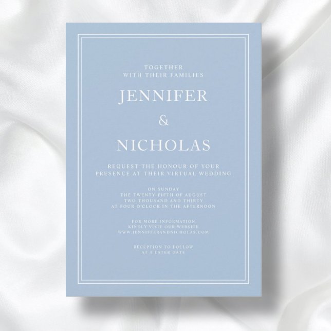 Elegantes formales Pulver Blue Virtual Wedding Einladung (Front / Modern Elegant Formal Powder Blue Virtual Wedding Invitation)