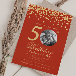 Elegantes Foto 50. Geburtstag Gold Confetti Rot Einladung
