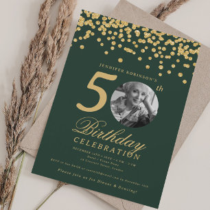 Elegantes Foto 50. Geburtstag Gold Konfetti Grün Einladung