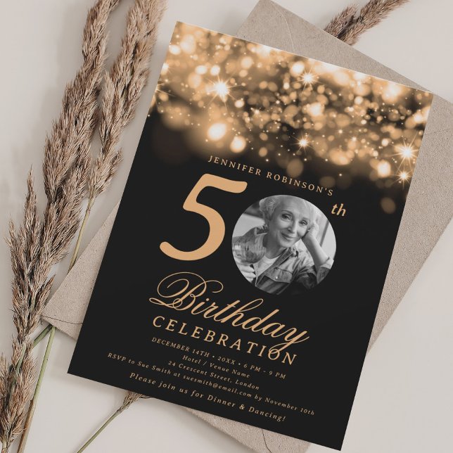 Elegantes Foto 50. Geburtstag Gold Midnight Glam Einladung (Elegant Photo 50th Birthday Gold Midnight Glam Invitation)