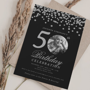 Elegantes Foto 50. Geburtstag Silver Confetti Blac Einladung