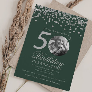 Elegantes Foto 50. Geburtstag Silver Confetti Gree Einladung