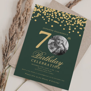 Elegantes Foto 70. Geburtstag Gold Grün Konfetti Einladung
