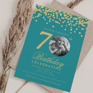Elegantes Foto 70. Geburtstag Gold Türkis Einladung
