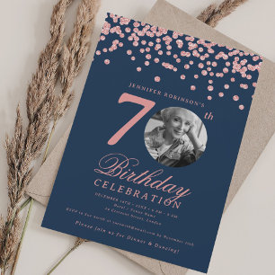 Elegantes Foto 70. Geburtstag Rose Gold Navy  Einladung