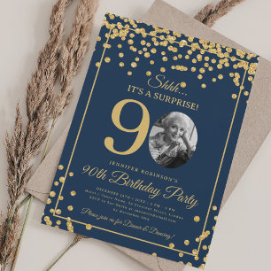 Elegantes Foto 90. Geburtstag Gold Konfetti Navy B Einladung