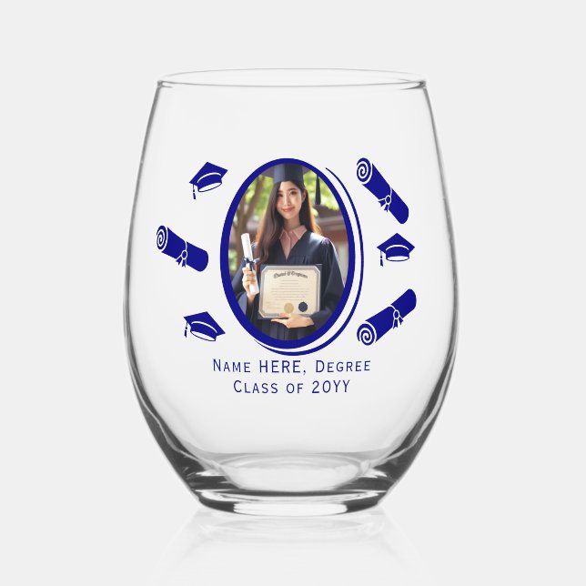 Elegantes Foto Abschluss Diploma and Cap, blau Weinglas Ohne Stiel (Vorderseite)