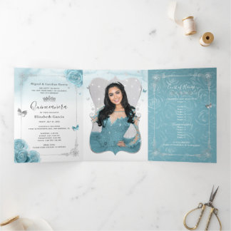 Elegantes Foto Aqua Türkis Aquamarin Silberne Stil Dreifach Gefaltete Einladung