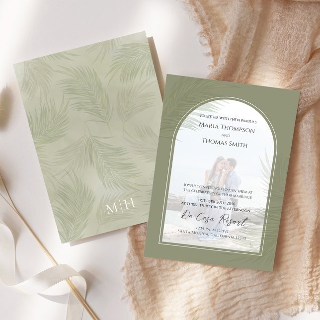 Elegantes Foto Arch Boho Palm Blätter Hochzeit Einladung (Elegant palm leaves photo wedding invitation.)