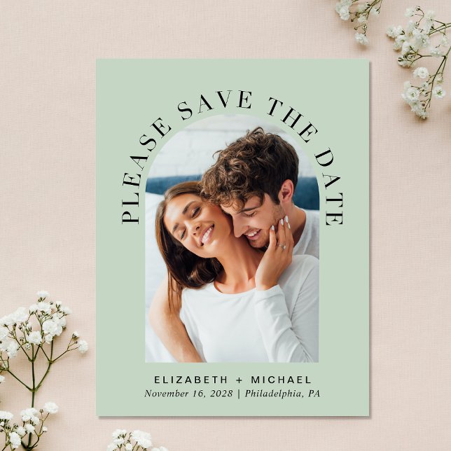 Elegantes Foto Arch Sage Save the Date Ankündigungspostkarte (Celebrate your love story with a save the date showcasing your photo in an elegant arch frame)