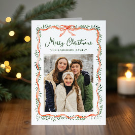 Elegantes Foto aus Rotem Band und Grün Feiertagskarte