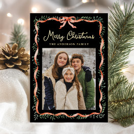 Elegantes Foto aus Rotem Band und Grün Schwarz 2 Folien Feiertagskarte