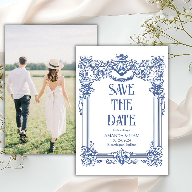 Elegantes Foto Barockblauer Säulenhochzeit Save The Date (Von Creator hochgeladen)