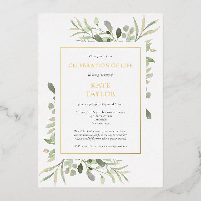 Elegantes Foto Beerdigung Feier des Lebens Gold Folieneinladung (Vorderseite)