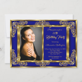 Elegantes Foto Birthday Party Royal Blue Gold Gems Einladung